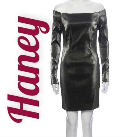NWT HANEY MEGAN METALLIC SILVER OFF-THE-SHOULDER BODYCON MINI DRESS, Size 4 - Picture 1 of 11